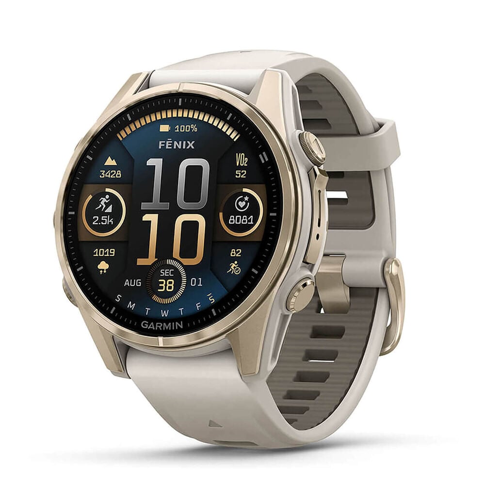 Garmin fenix&reg; 8 AMOLED Sapphire 43mm Soft Gold Case Fog Grey Dark Sandstone Silicon Strap Watch