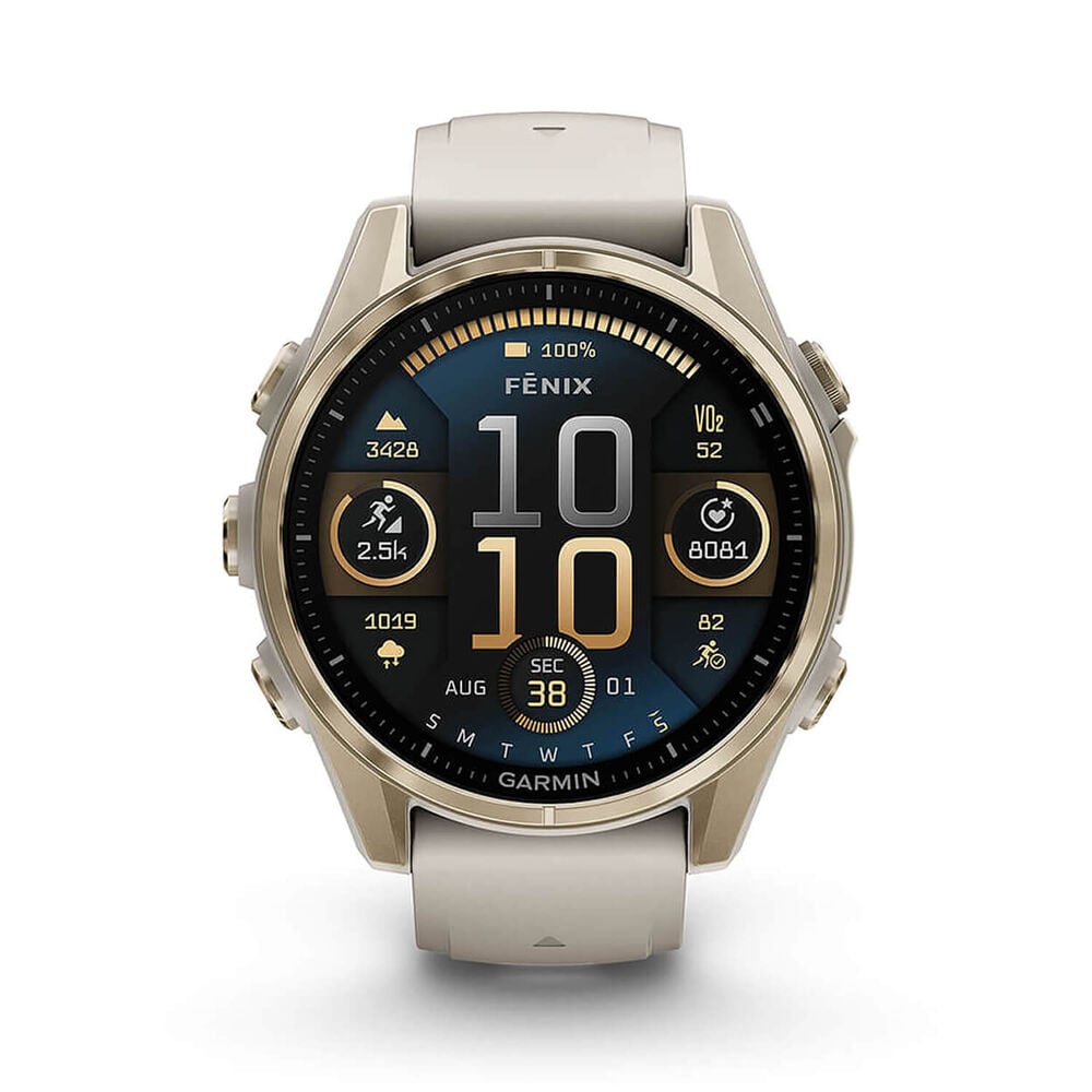 Garmin fenix&reg; 8 AMOLED Sapphire 43mm Soft Gold Case Fog Grey Dark Sandstone Silicon Strap Watch