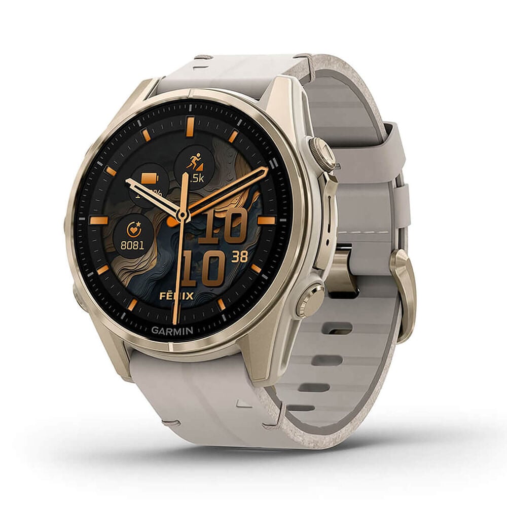 Garmin fenix&reg; 8 AMOLED Sapphire 43mm Soft Gold Case Limestone Leather Strap Watch