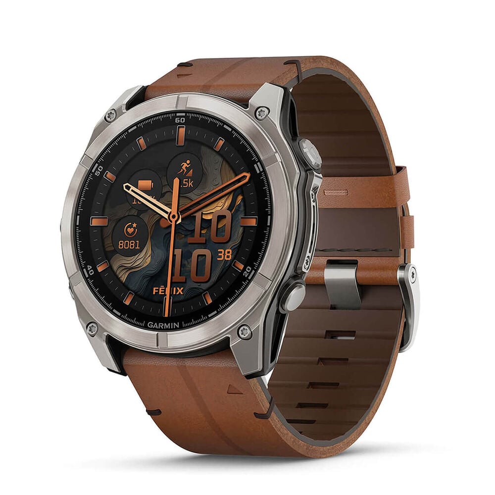 Garmin fenix&reg; 8 AMOLED Sapphire 51mm Carbon Grey DLC Case Chestnut Leather Strap Watch