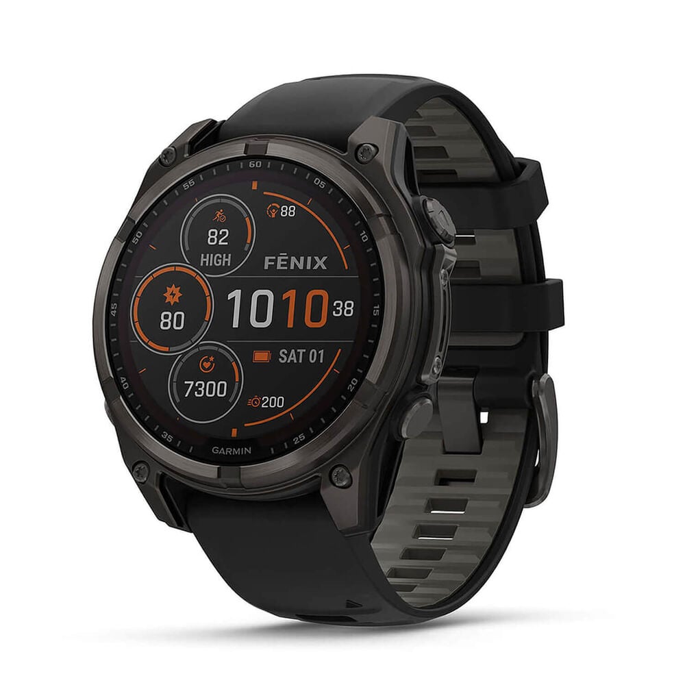 Garmin fenix&reg; 8 Solar 47mm Carbon Grey DLC Titanium Case Black Pebble Gray Silicon Strap Watch