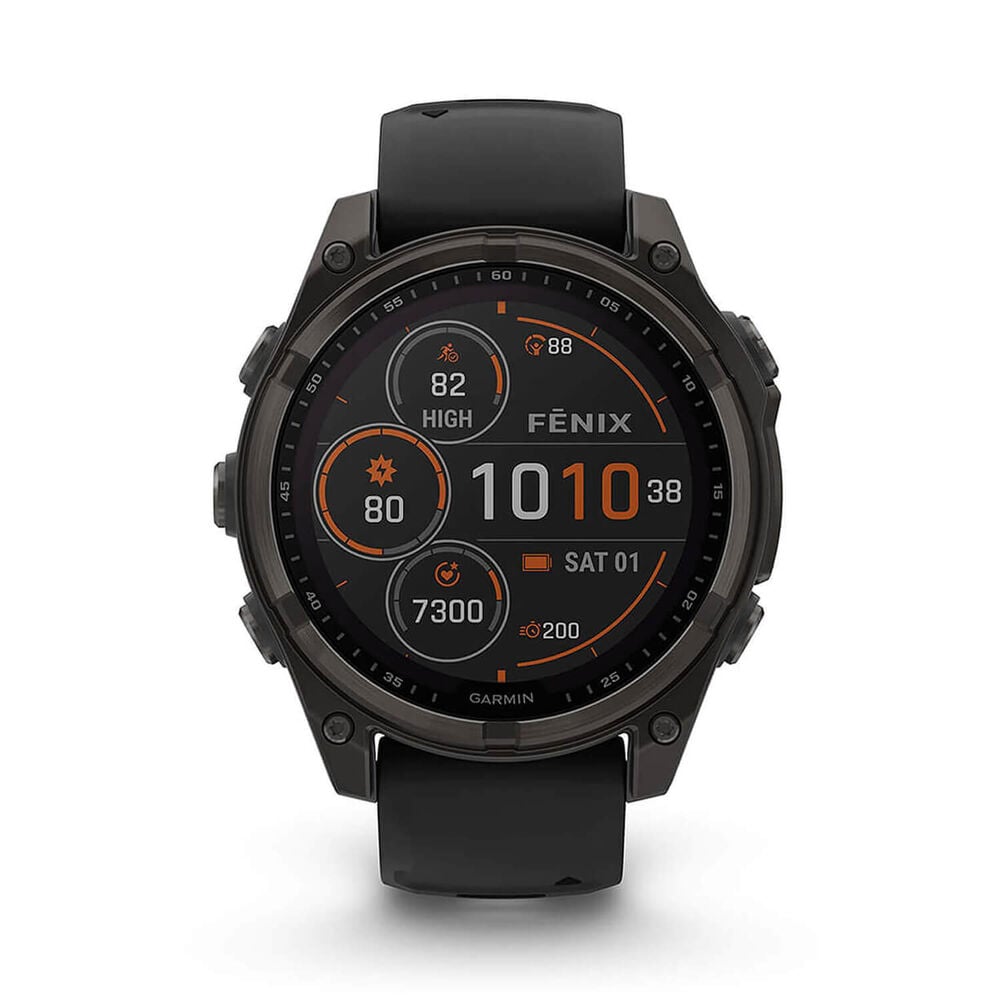 Garmin fenix&reg; 8 Solar 47mm Carbon Grey DLC Titanium Case Black Pebble Gray Silicon Strap Watch