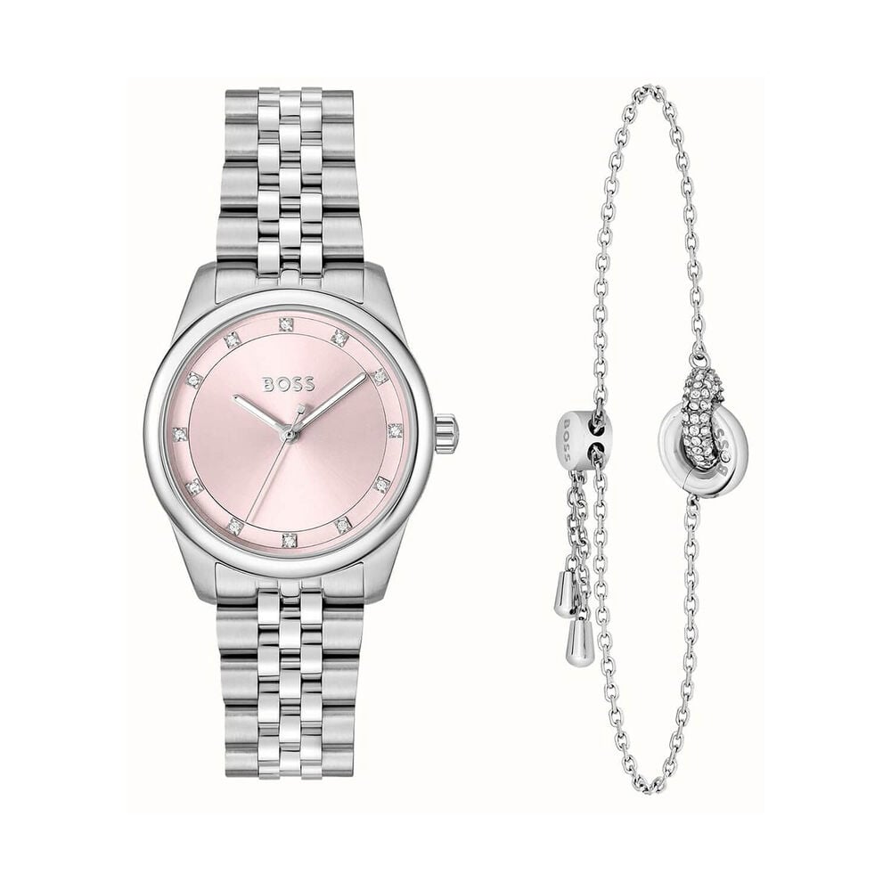 BOSS Graceful Precious 32mm Pink Dial Steel Bracelet Watch & Zirconia Steel Bracelet Gift Set