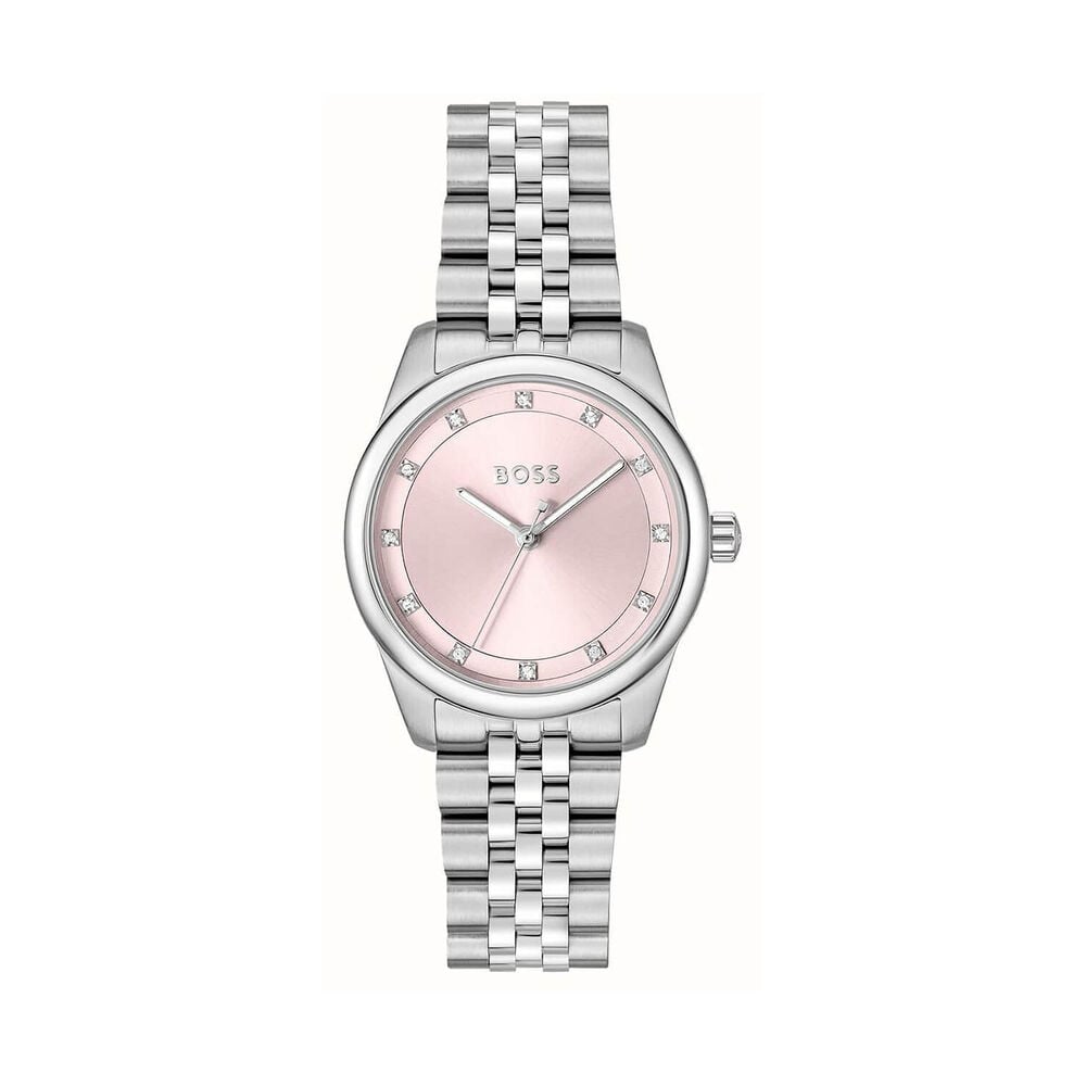 BOSS Graceful Precious 32mm Pink Dial Steel Bracelet Watch & Zirconia Steel Bracelet Gift Set