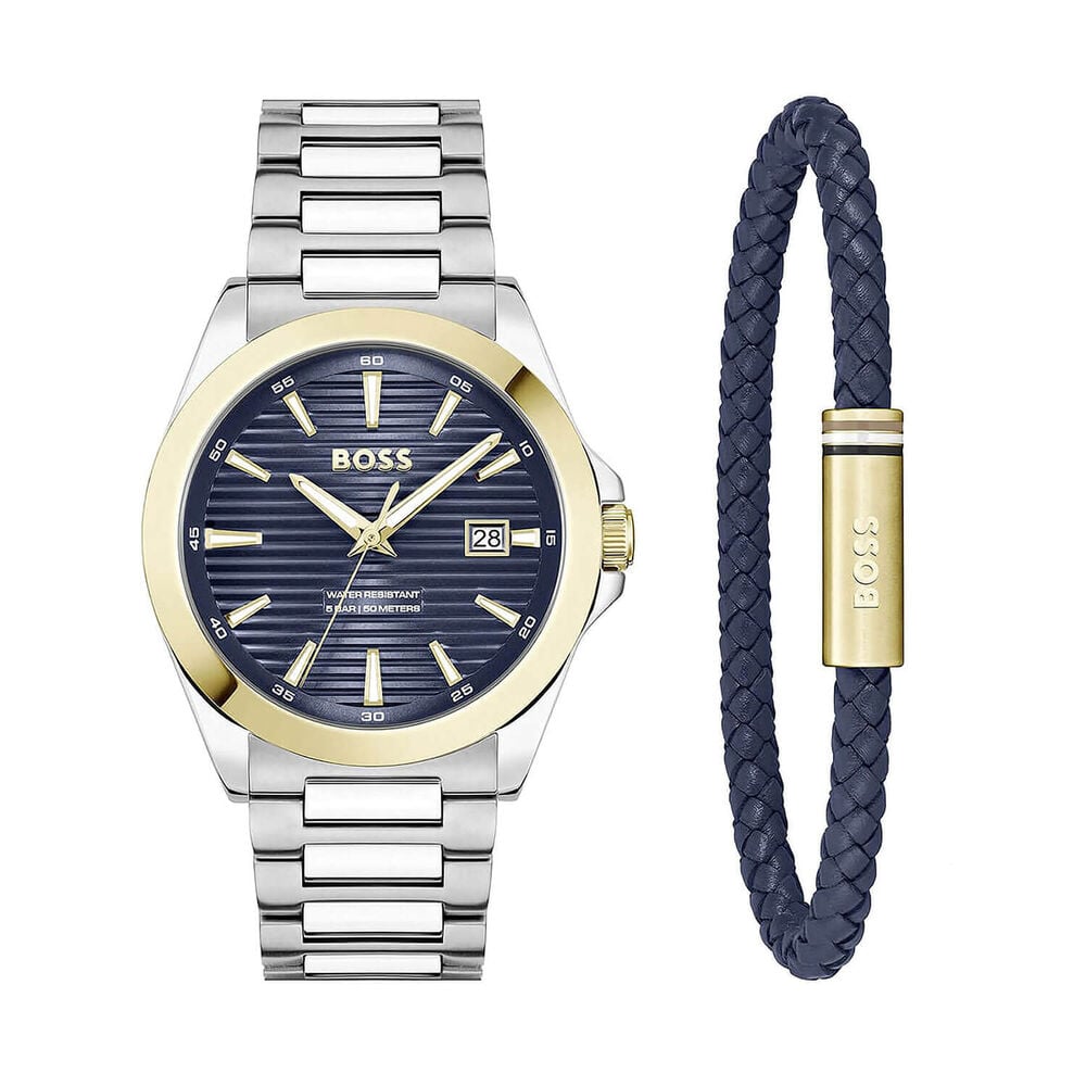 BOSS Strike 41mm Blue Dial Steel Bracelet Watch & Blue Leather Bracelet Gift Set