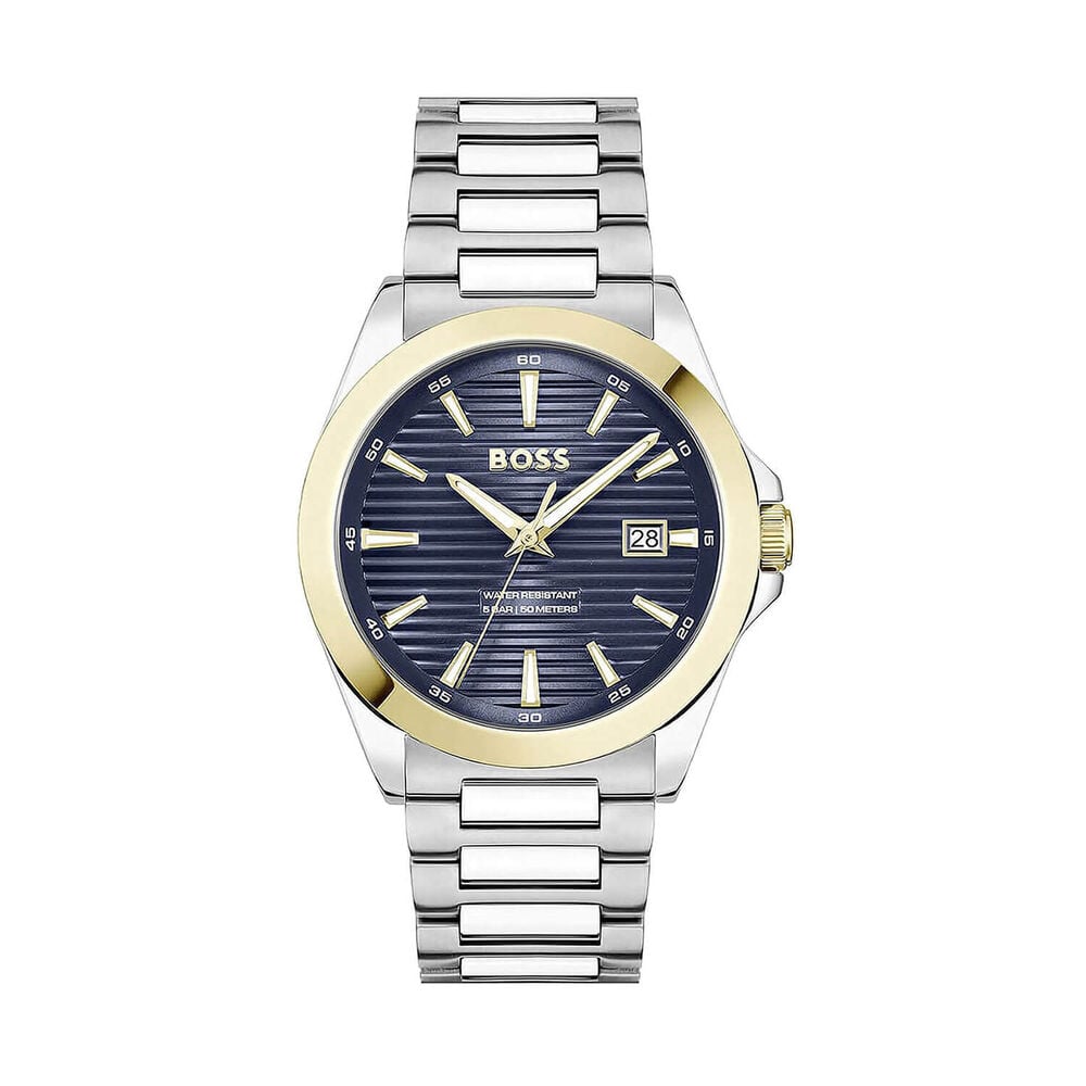 BOSS Strike 41mm Blue Dial Steel Bracelet Watch & Blue Leather Bracelet Gift Set