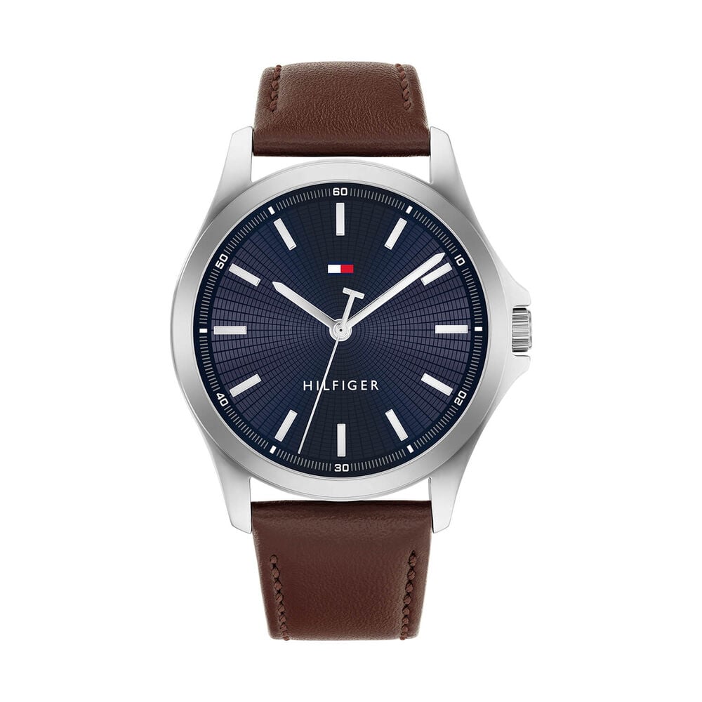 Tommy Hilfiger 43mm Blue Dial Steel Case Brown Leather Strap Watch