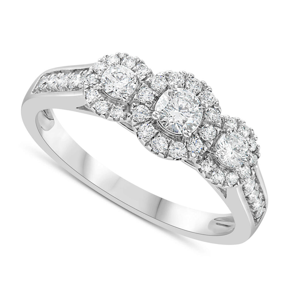 18ct White Gold 0.50ct Diamond Three Stone Halo Ring