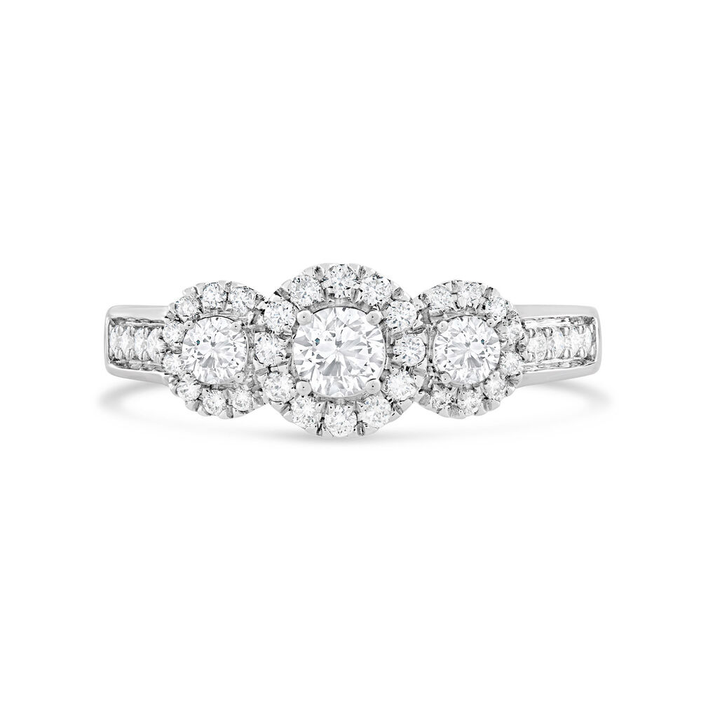 18ct White Gold 0.50ct Diamond Three Stone Halo Ring