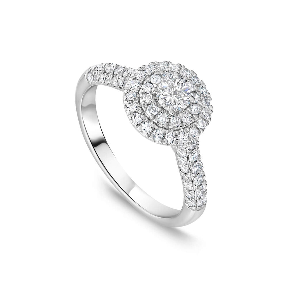 18ct White Gold 0.75ct Round Brilliant Double Halo Cluster & Shoulders Diamond Ring