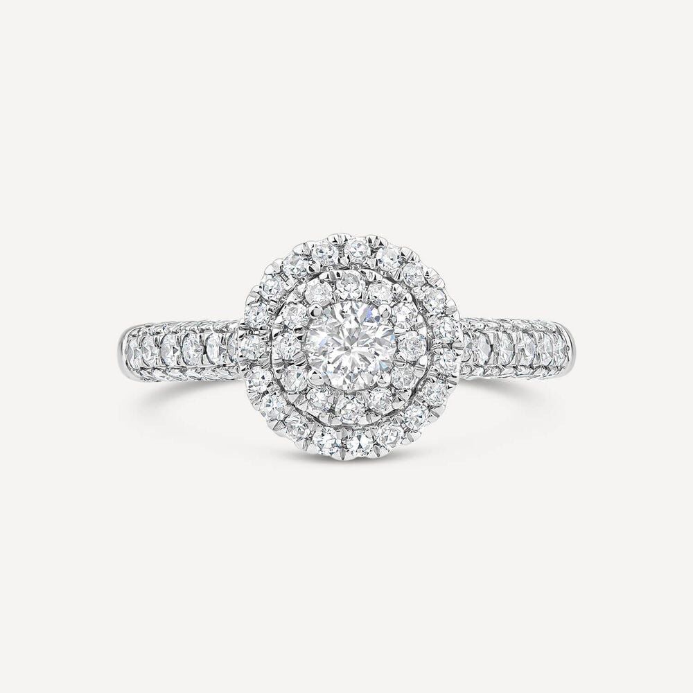 18ct White Gold 0.75ct Round Brilliant Double Halo Cluster & Shoulders Diamond Ring