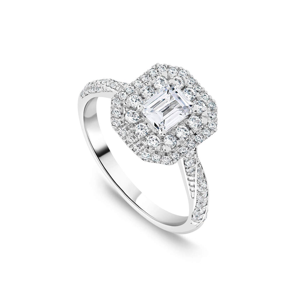 18ct White Gold 1.00ct Diamond Emerald Cut Centre Double Halo & Shoulders Ring