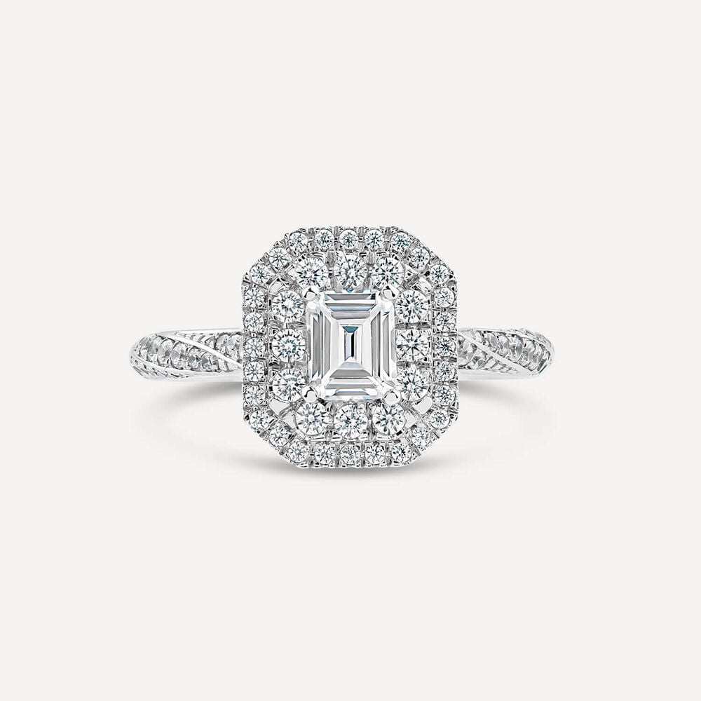 18ct White Gold 1.00ct Diamond Emerald Cut Centre Double Halo & Shoulders Ring