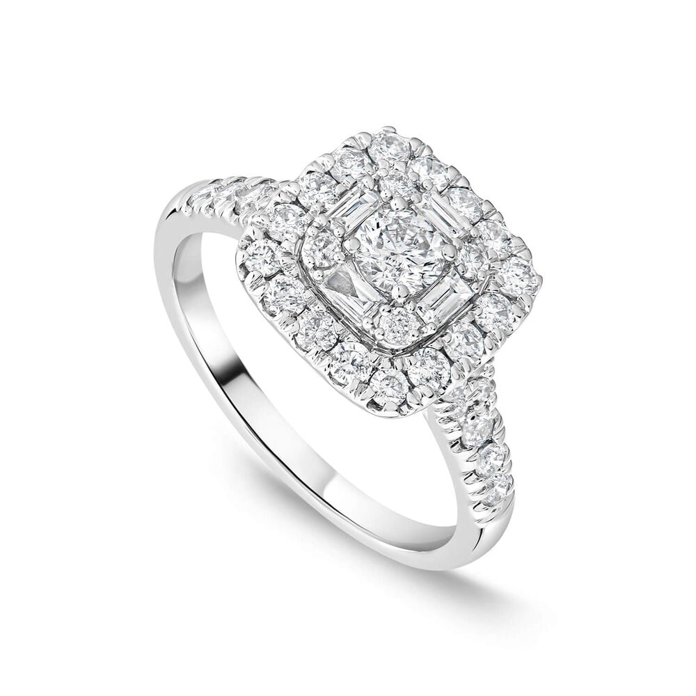 18ct White Gold 1ct Round & Baguette Diamond Square Cluster & Shoulders Ring