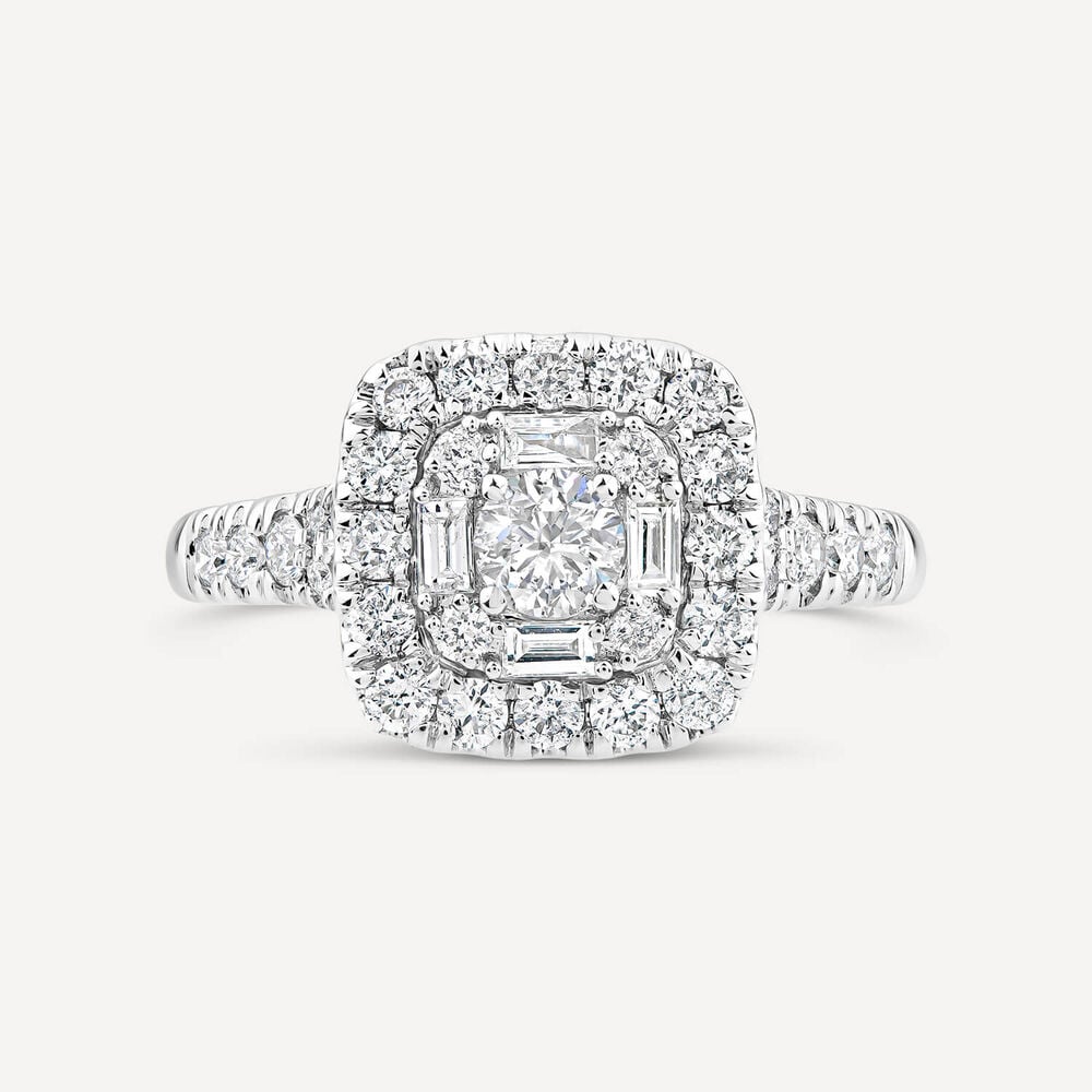 18ct White Gold 1ct Round & Baguette Diamond Square Cluster & Shoulders Ring