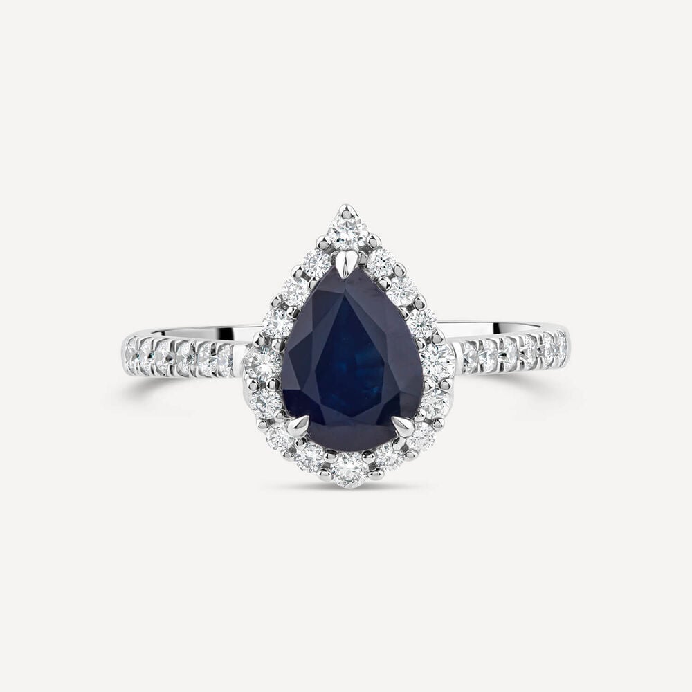 18ct White Gold Pear Sapphire Centre 0.33ct Diamond Halo & Shoulders Ring