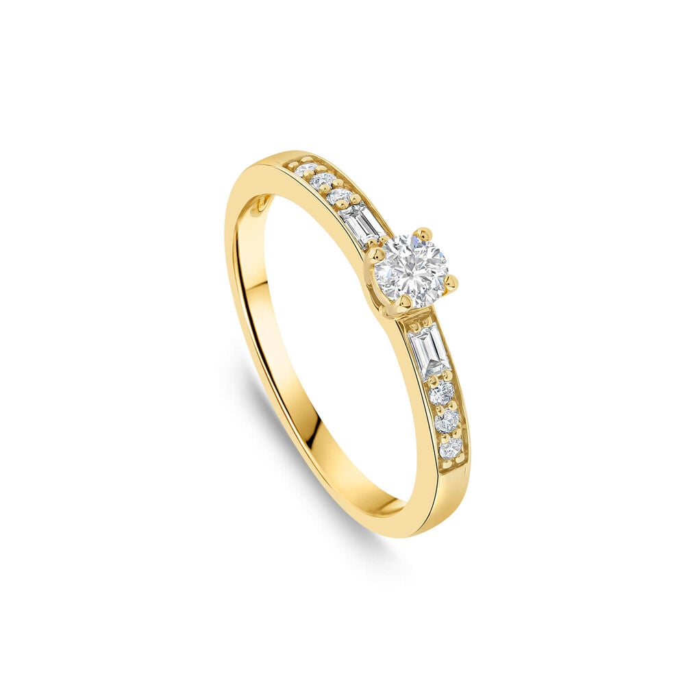 18ct Yellow Gold 0.37ct Solitaire & Baguette Shoulders Diamond Engagement Ring