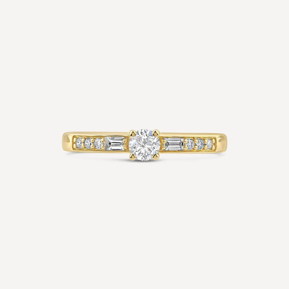 18ct Yellow Gold 0.37ct Solitaire & Baguette Shoulders Diamond Engagement Ring