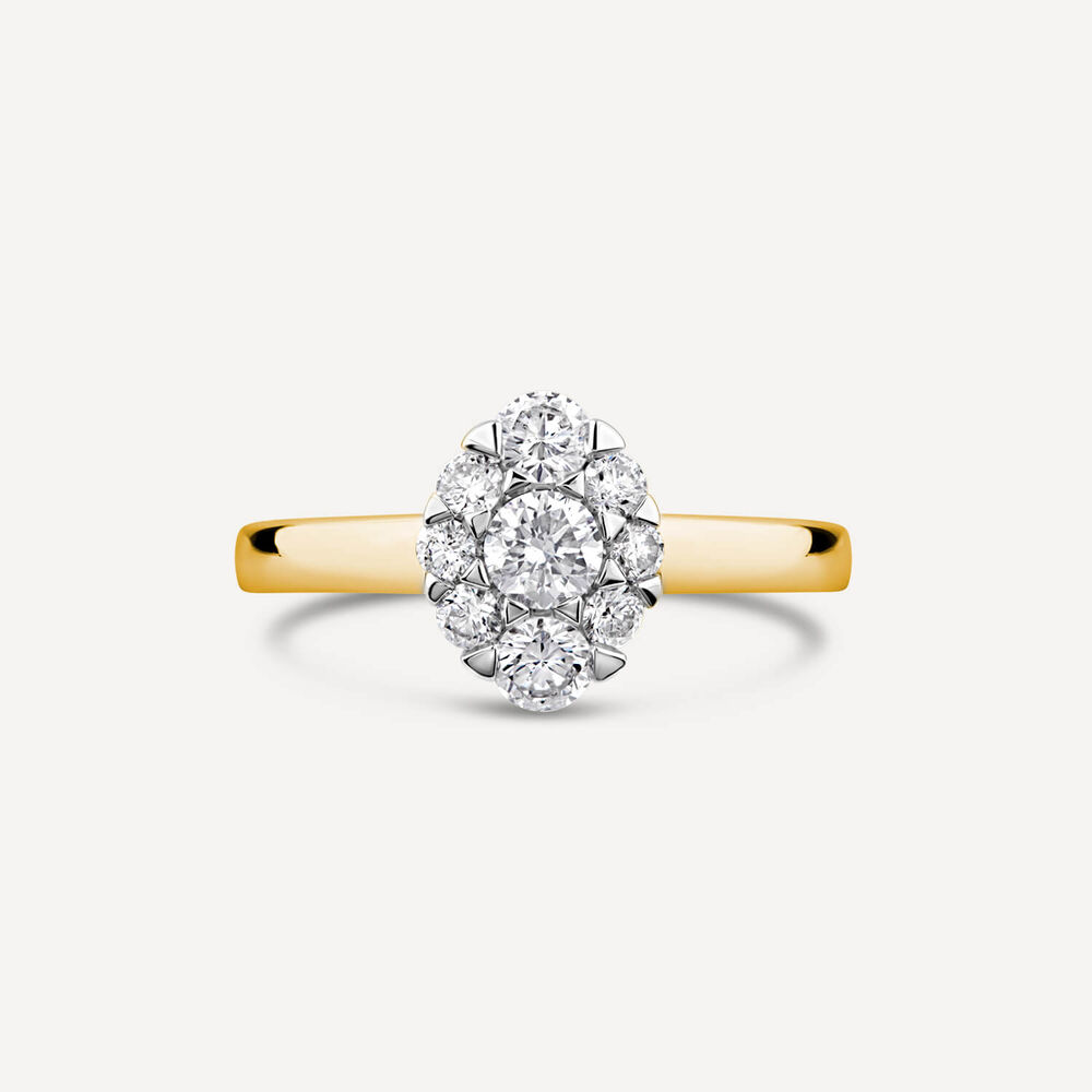 18ct Yellow Gold 0.57ct Oval Cluster Diamond Polished Band Engagement Ring