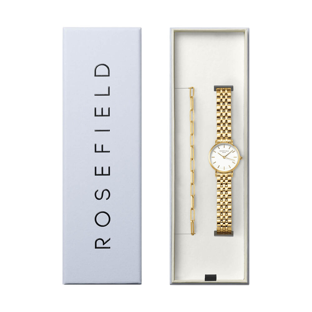Rosefield Small Edit Gold Watch & Hammered Chainlink Bracelet Gift Set