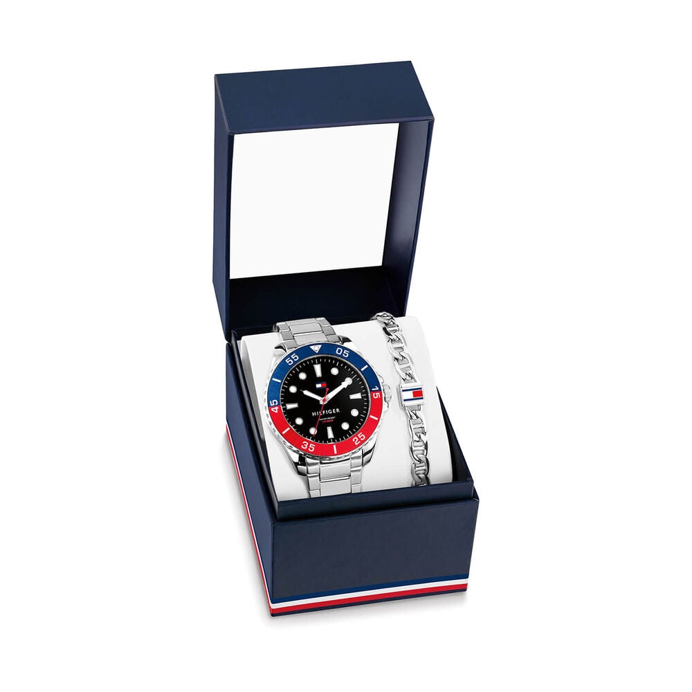 Tommy Hilfiger Oceanic 42mm Black Dial Steel Bracelet Watch & Branded Steel Bracelet Gift Set