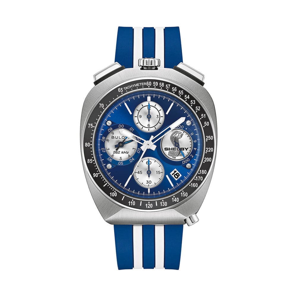 Bulova Shelby Racing Chronograph 43mm Blue Dial Striped Rubber Strap Watch