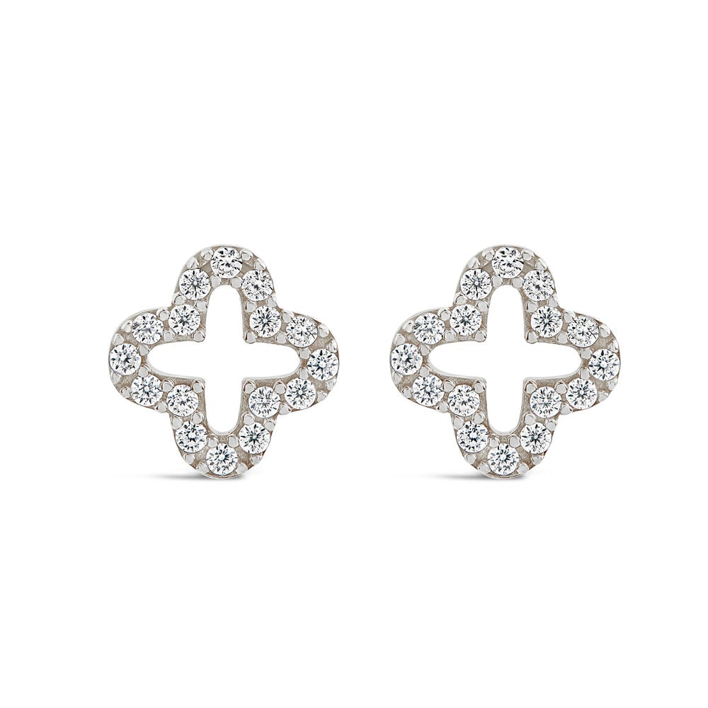 9ct White Gold Cubic Zirconia Set Open Clover Petal Stud Earrings