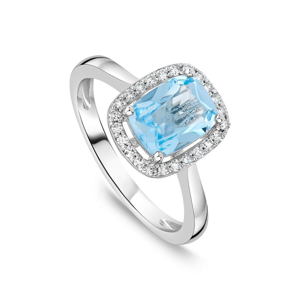 9ct White Gold Cushion Blue Topaz Centre 0.14ct Diamond Frame Polished Band Ring