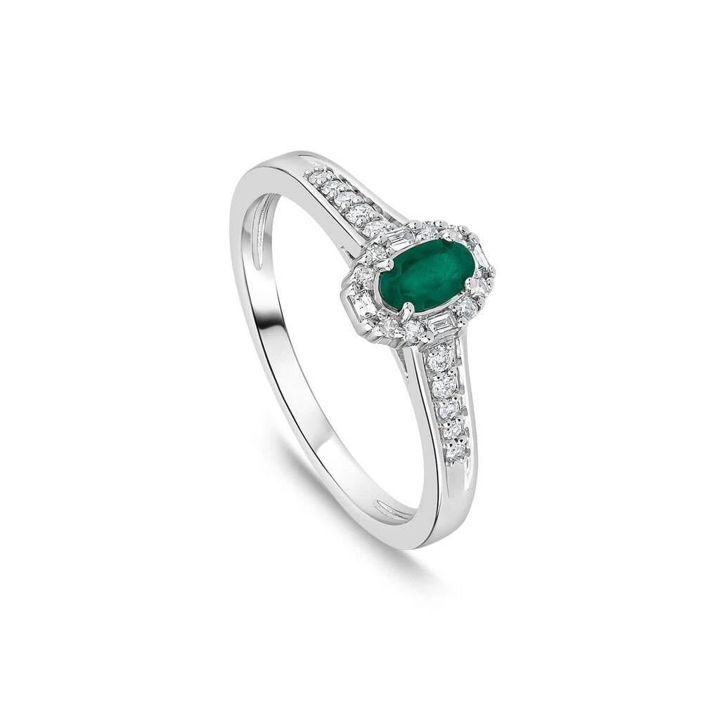 9ct White Gold Oval Emerald Centre 0.15ct Diamond Round & Baguette Halo & Shoulders Ring