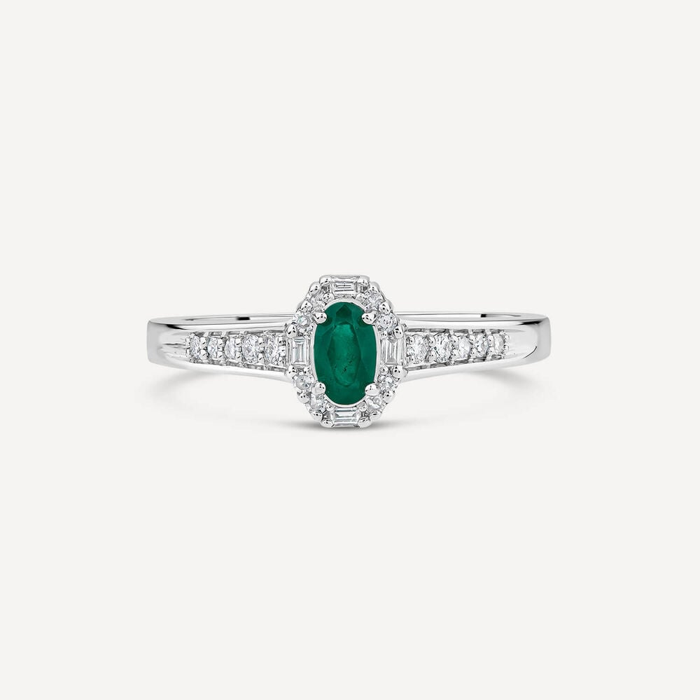 9ct White Gold Oval Emerald Centre 0.15ct Diamond Round & Baguette Halo & Shoulders Ring