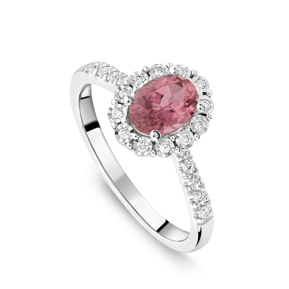 9ct White Gold Oval Pink Tourmaline Centre 0.13ct Diamond Cluster & Shoulders Ring