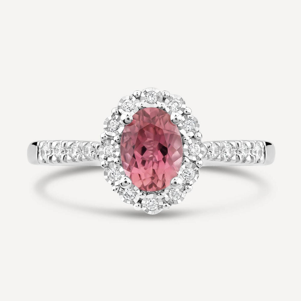 9ct White Gold Oval Pink Tourmaline Centre 0.13ct Diamond Cluster & Shoulders Ring