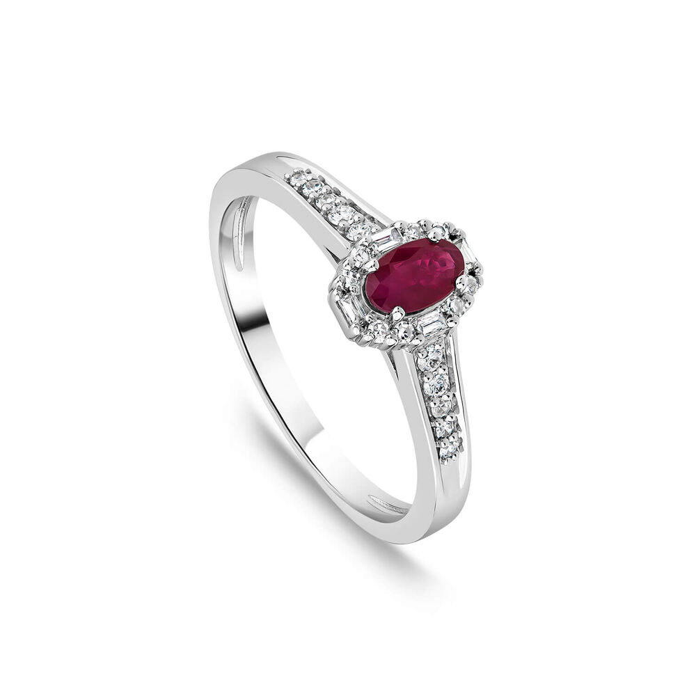 9ct White Gold Oval Ruby Centre 0.15ct Diamond Halo & Shoulders Ring