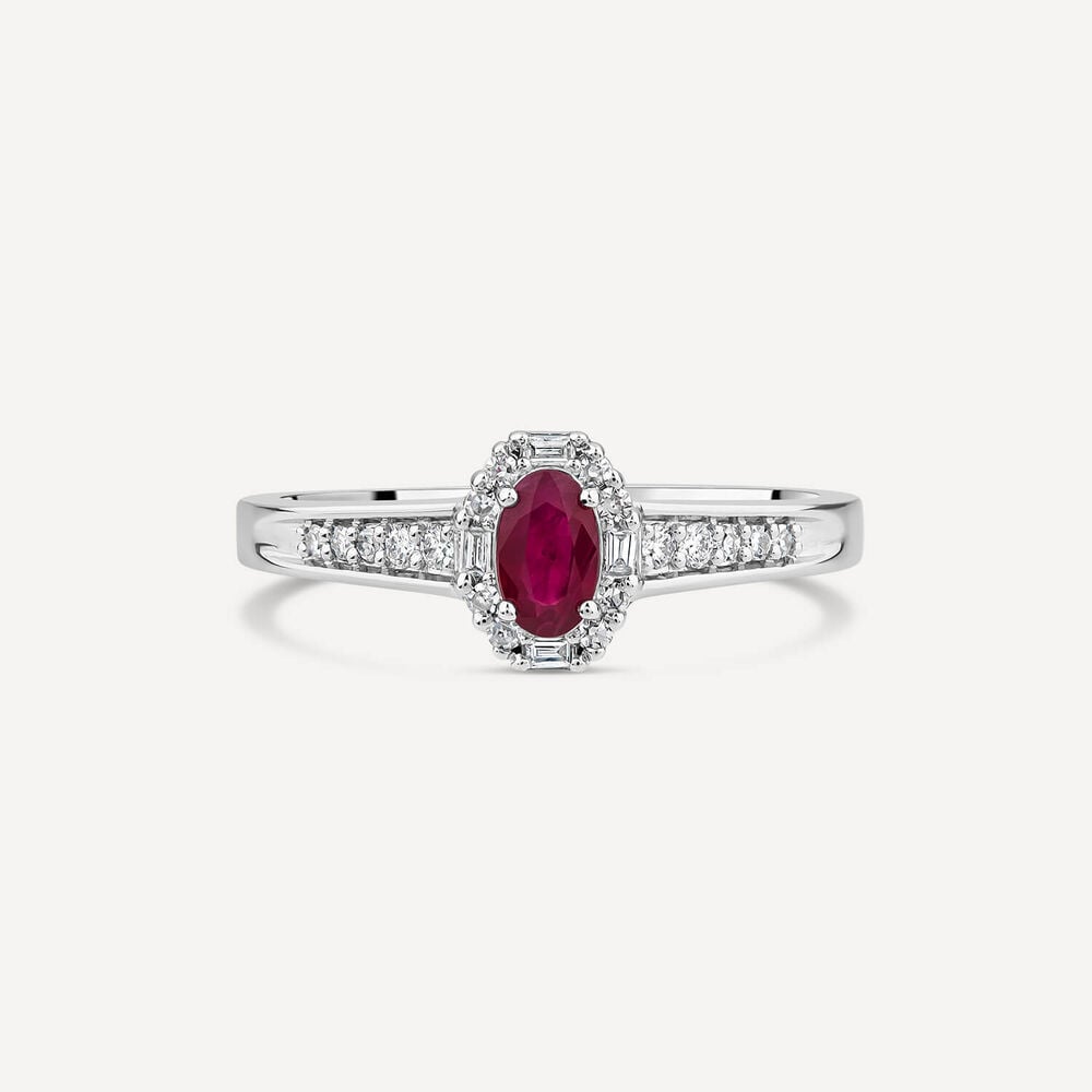 9ct White Gold Oval Ruby Centre 0.15ct Diamond Halo & Shoulders Ring
