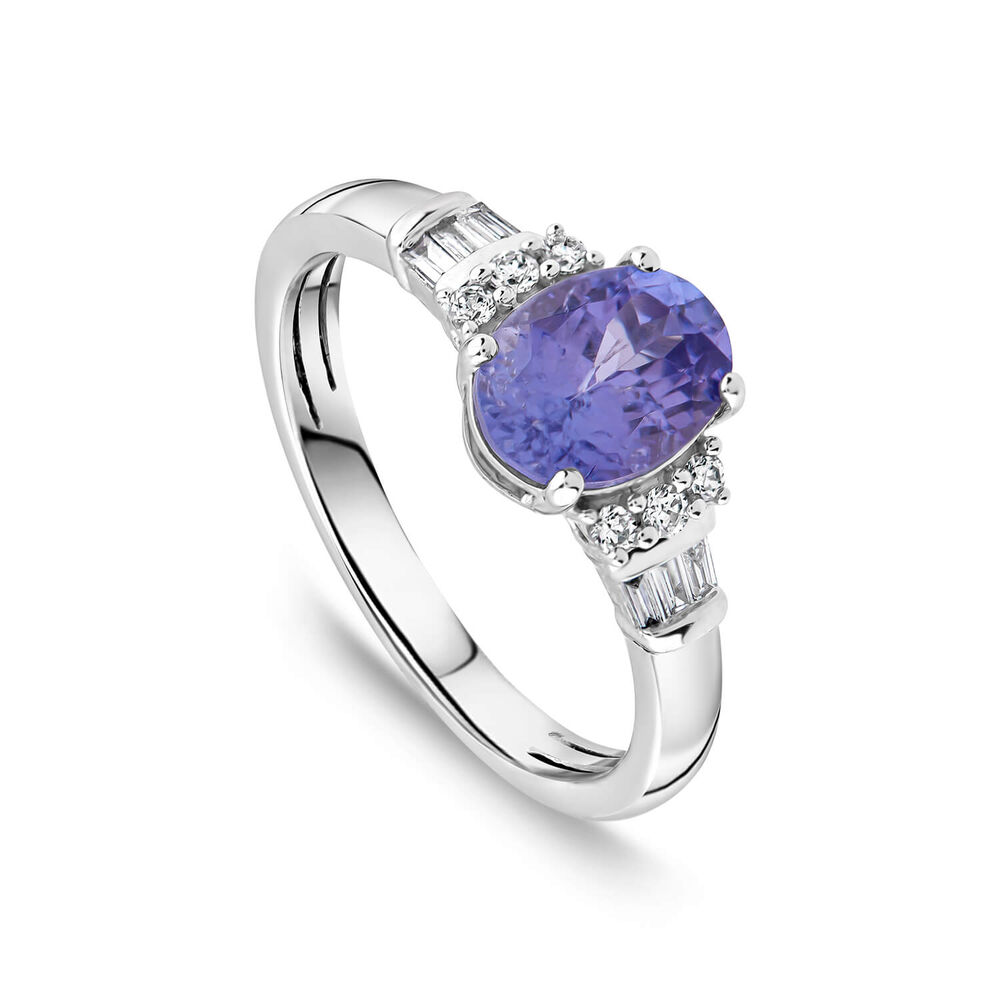 9ct White Gold Oval Tanzanite Centre 0.15ct Diamond Round & Baguette Shoulders Ring