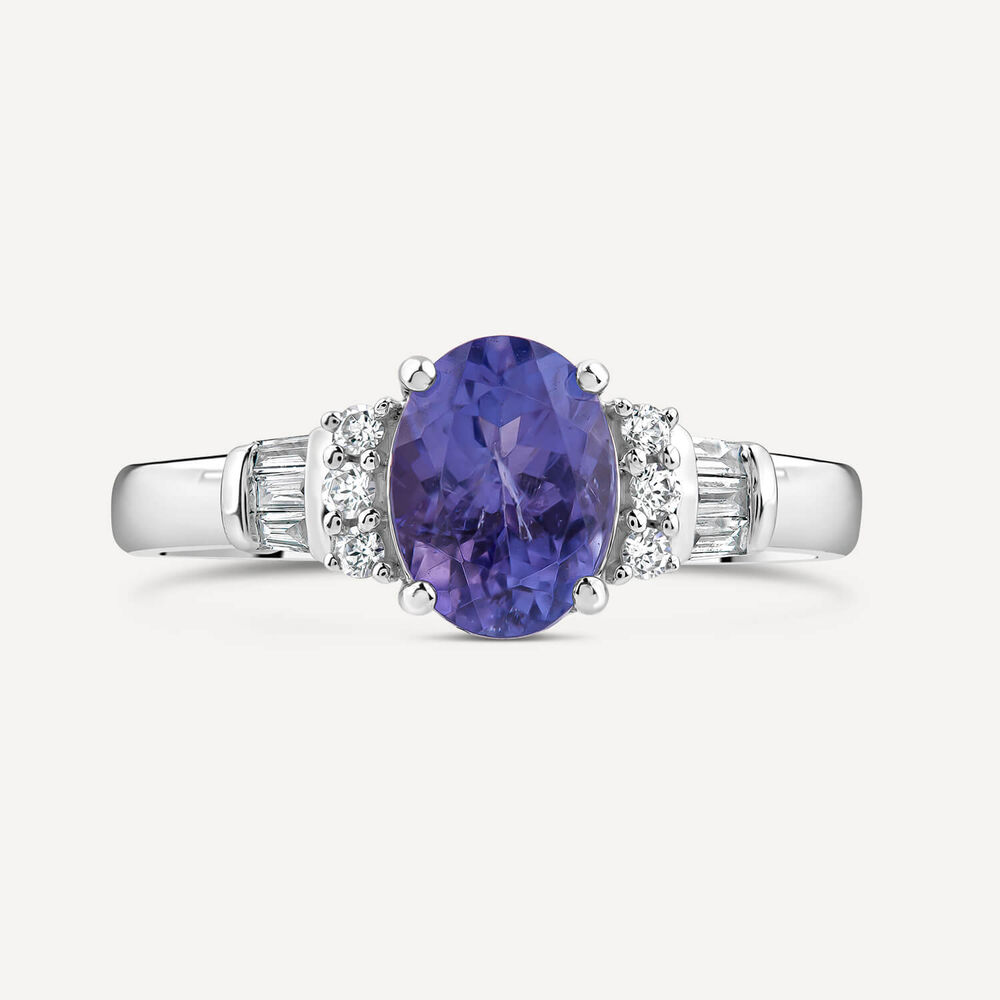 9ct White Gold Oval Tanzanite Centre 0.15ct Diamond Round & Baguette Shoulders Ring