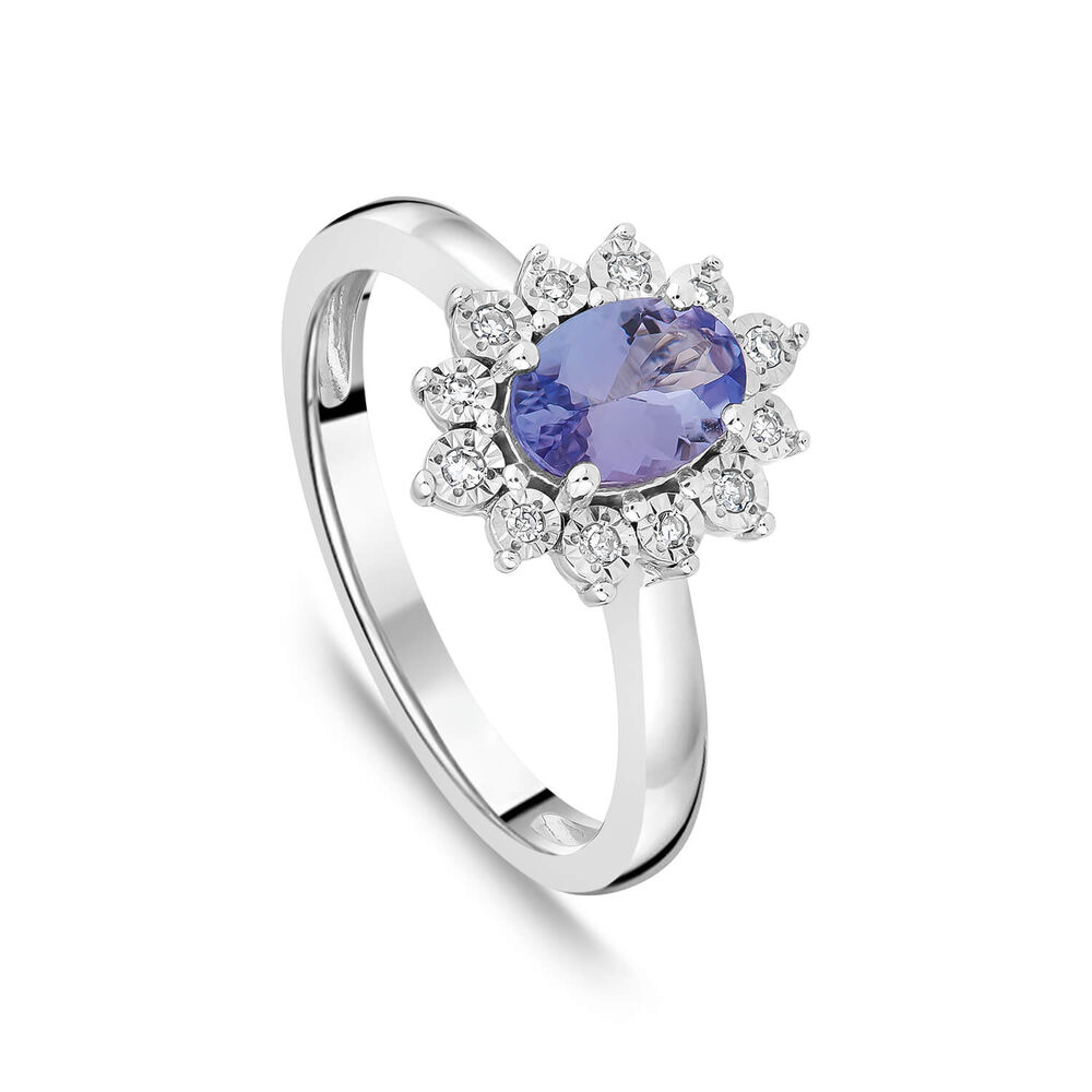 9ct White Gold Oval Tanzanite Centre Diamond Cluster Ring