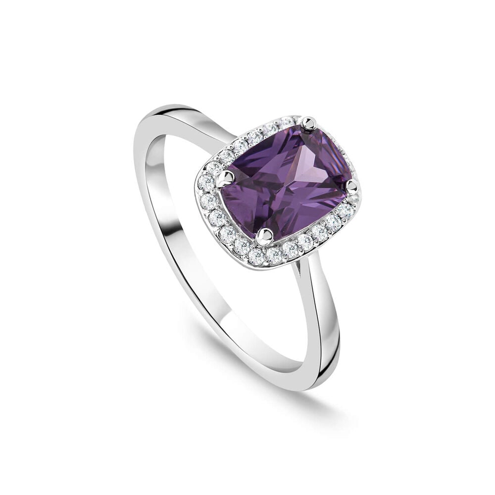 9ct White Gold Rectangular Amethyst Centre 0.12ct Diamond Halo Ring