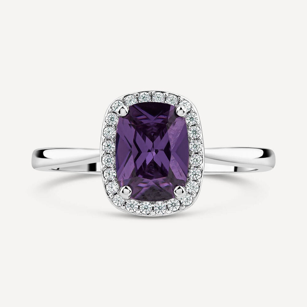 9ct White Gold Rectangular Amethyst Centre 0.12ct Diamond Halo Ring