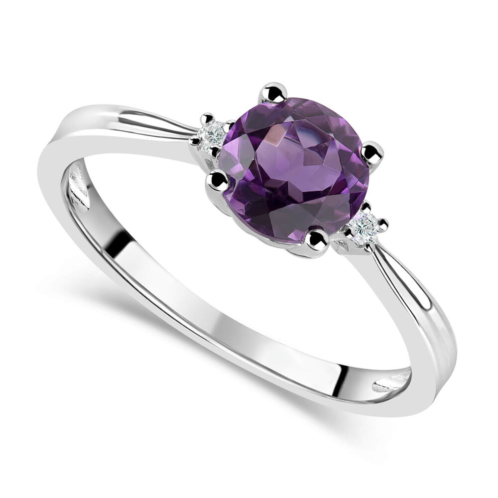9ct White Gold Round Amethyst Centre 0.02ct Diamond Side Ring