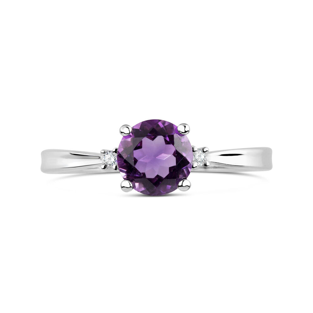 9ct White Gold Round Amethyst Centre 0.02ct Diamond Side Ring