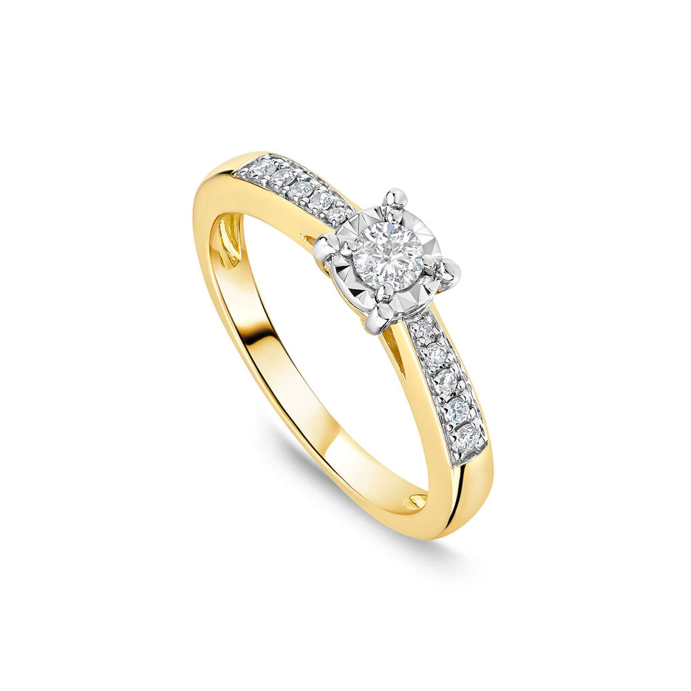9ct Yellow Gold 0.17ct Diamond Illusion Solitaire Shoulders Ring