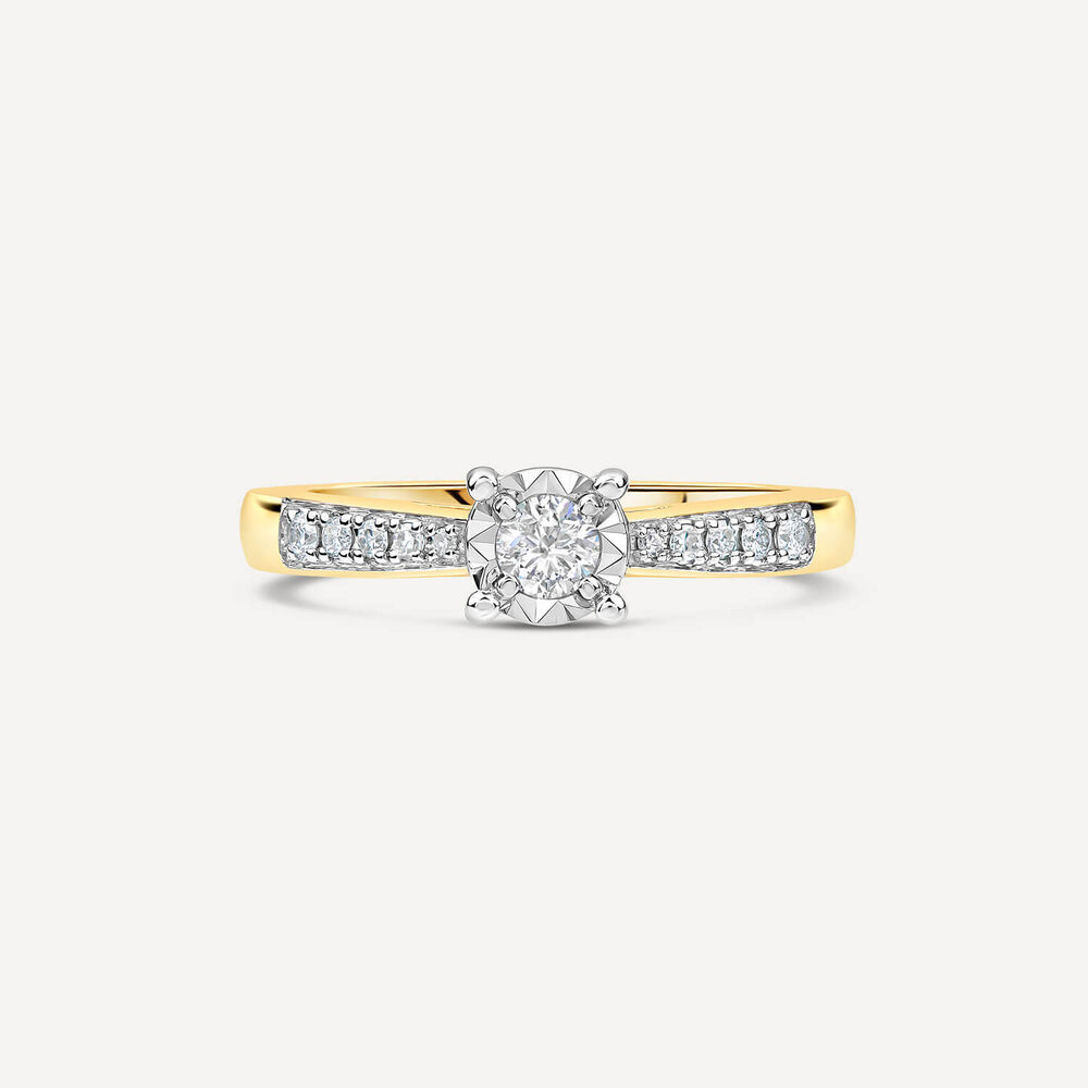 9ct Yellow Gold 0.17ct Diamond Illusion Solitaire Shoulders Ring