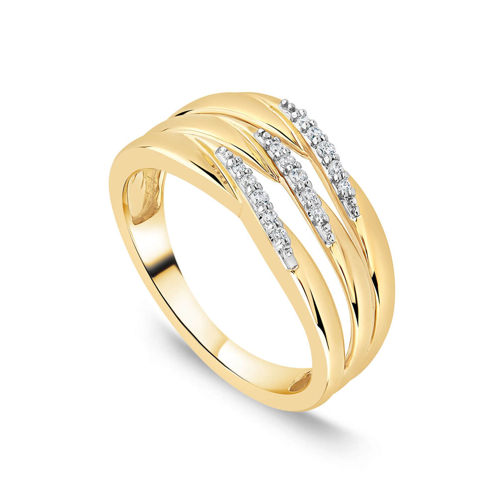9ct Yellow Gold Diamond Three Rows Ring
