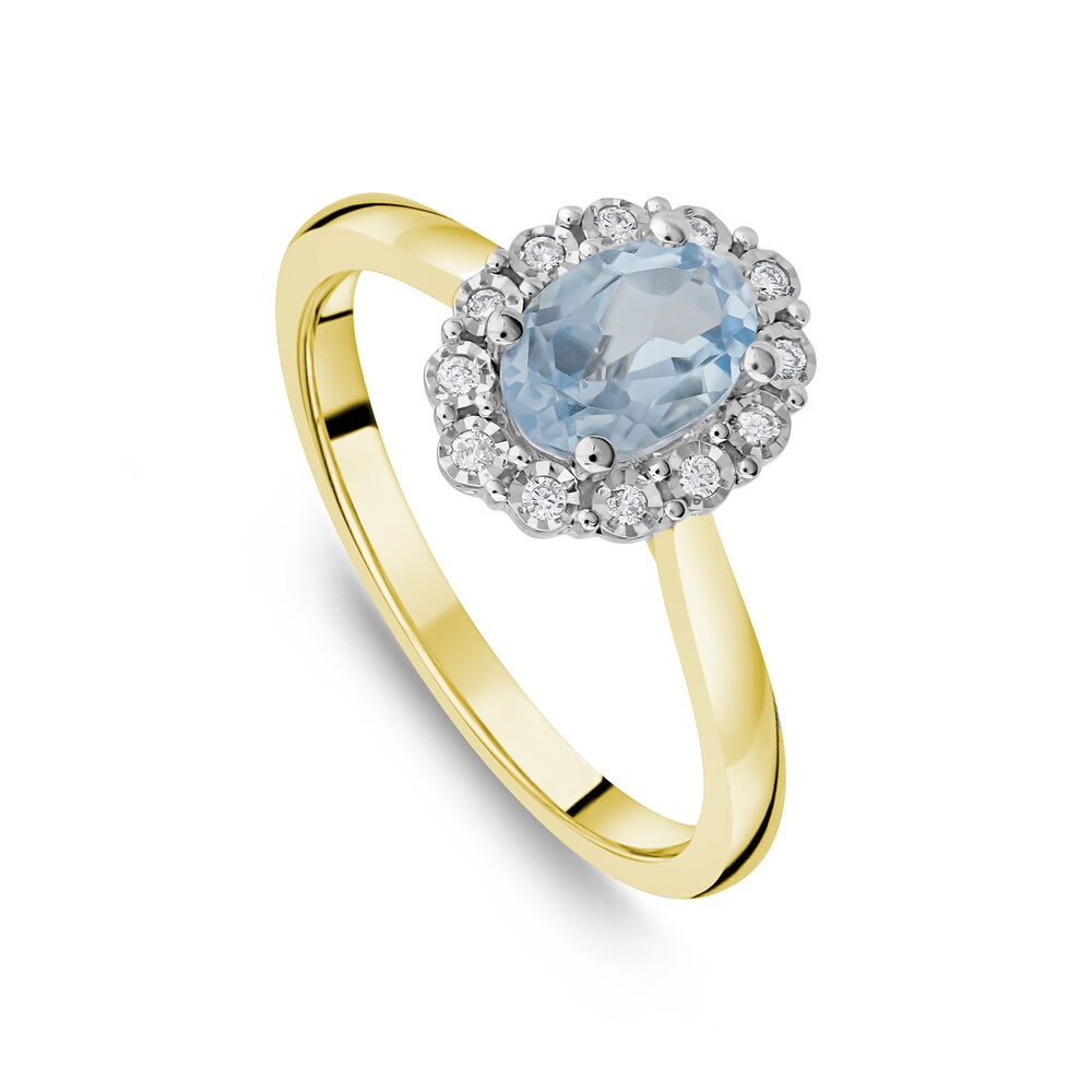 9ct Yellow Gold Oval Blue Topaz Centre 0.05ct Diamond Cluster Polished Band Ring