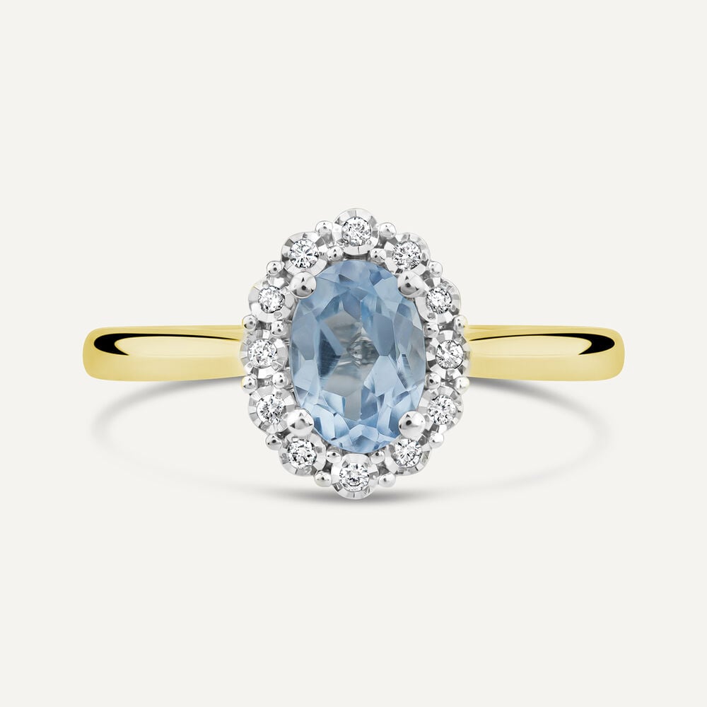9ct Yellow Gold Oval Blue Topaz Centre 0.05ct Diamond Cluster Polished Band Ring