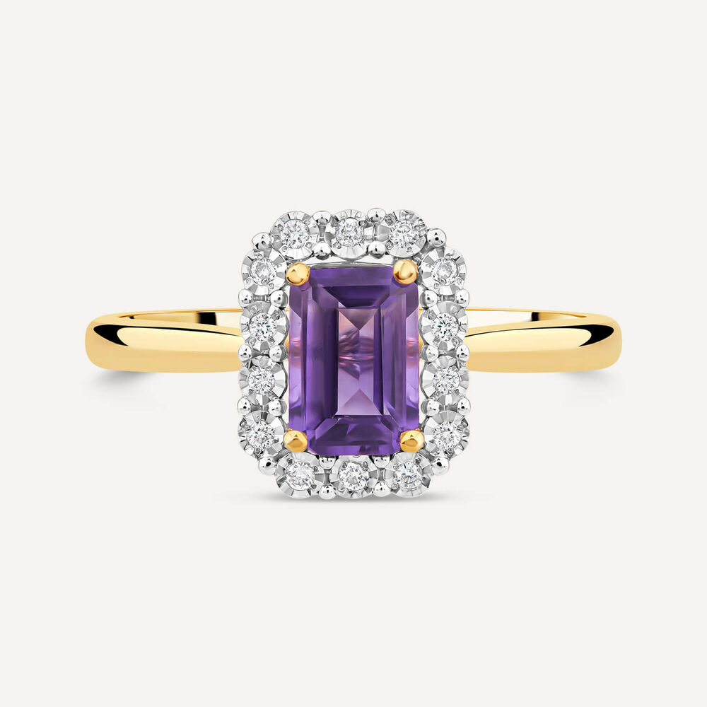 9ct Yellow Gold Rectangular Amethyst Centre 0.06ct Diamond Halo Ring