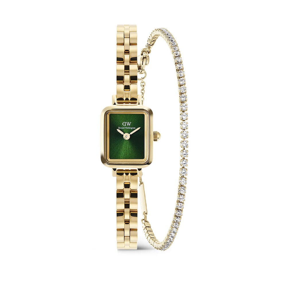 Daniel Wellington Quadro Mini 15x18mm Emerald Dial Watch & Zirconia Gold PVD Bracelet Gift Set
