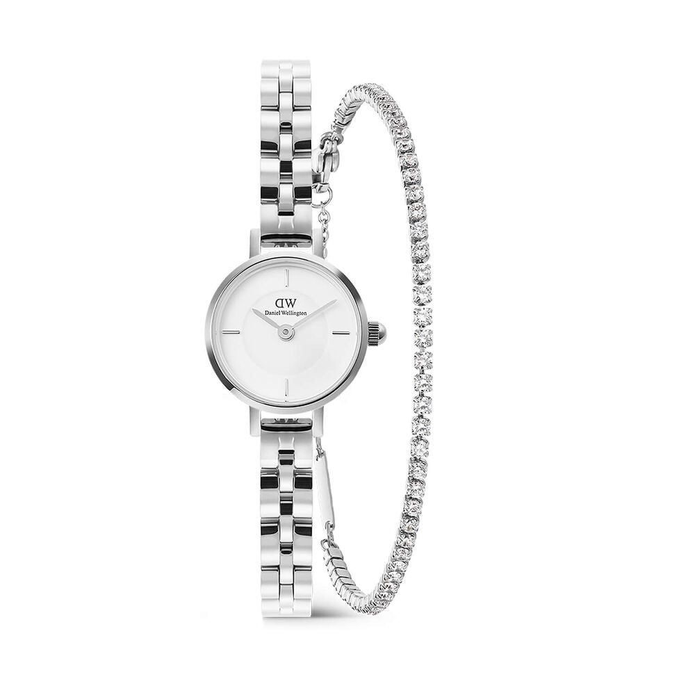 Daniel Wellington Petite Mini 19mm Dial Watch & Cubic Zirconia Silver PVD Bracelet Gift Set
