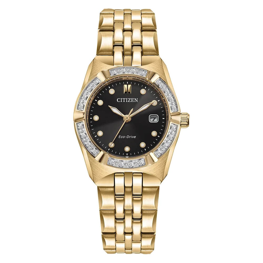 Citizen Eco-Drive Corso 28mm Black Dial Diamond Bezel Gold-Toned Steel Bracelet